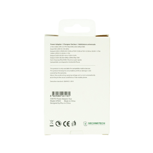 CARGADOR 2 PUERTOS USB/USB-C 35W BLANCO